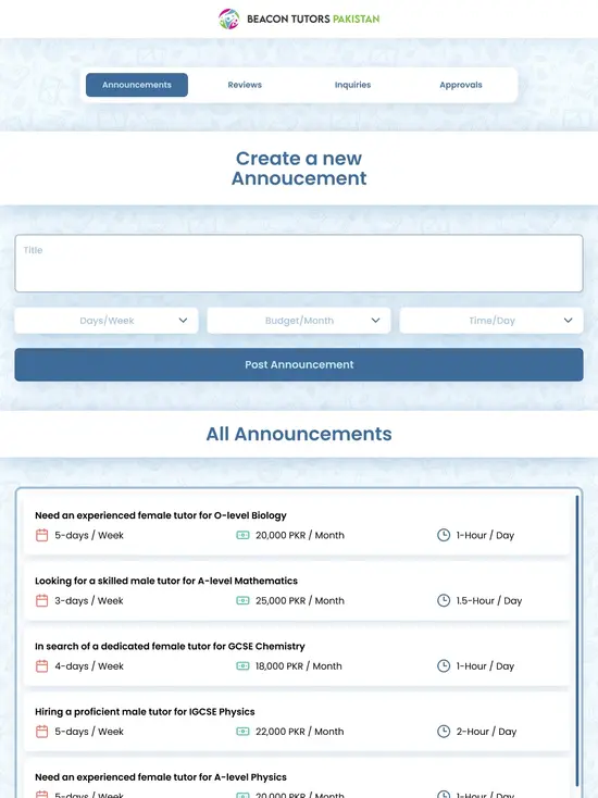 Beacon Tutors Admin Dashboard Alternate View