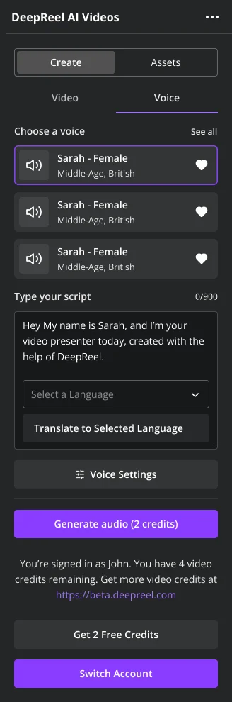 DeepReel Canva App Alternate View