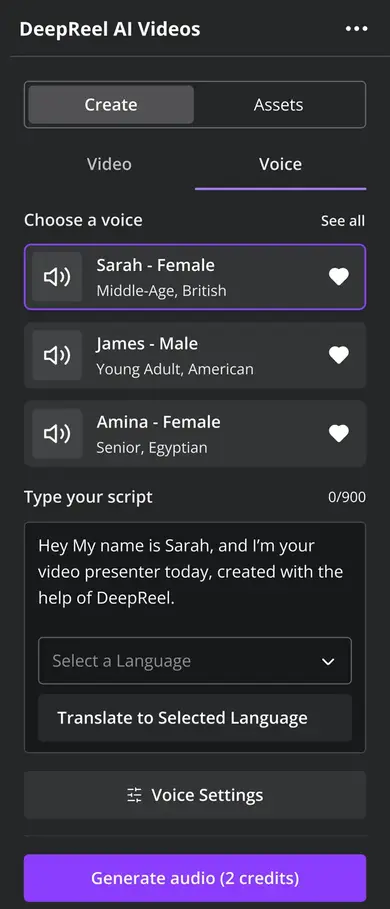 DeepReel Canva App Alternate View